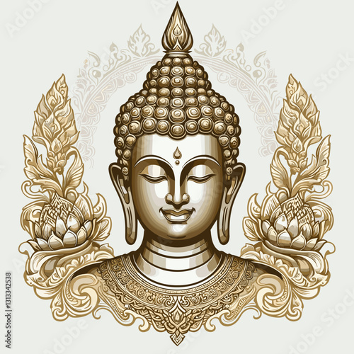 Golden Buddha face with intricate floral decorations