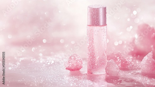 Spa concept, close-up of glowing skincare product bottle with water droplets, soft pink background, f/4.0, even lighting