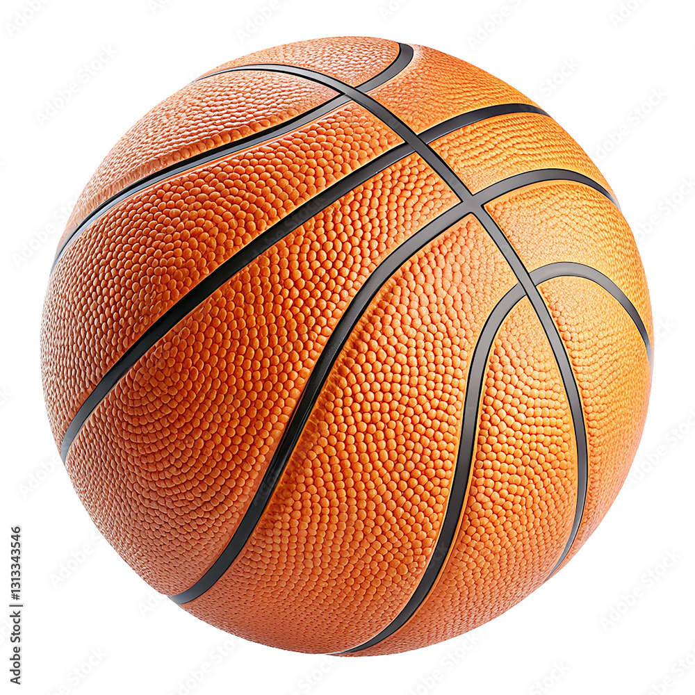 Fototapeta premium Basketball's Texture and Form: This image captures the iconic look and feel of a basketball. The photo highlights the ball's textured surface, seam lines, and rounded shape.