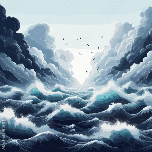 Dramatic ocean waves under stormy clouds