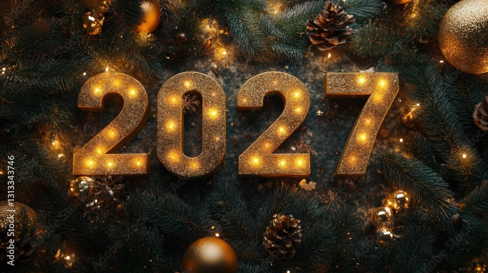 Glittering numbers representing 2027 adorned with pine branches and ornaments create a festive atmosphere for New Year's celebrations Glittering numbers representing 2027 adorned with pine branches and ornaments create a festive atmosphere for New Year's celebrations