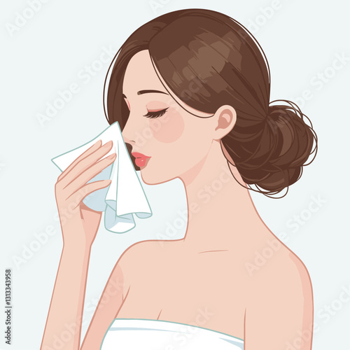 Elegant woman wiping her face with a towel in beauty routine