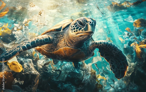 A marine diver witnessing a sea turtle trapped in plastic waste photo