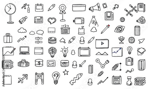 Doodles of various icons including clocks, charts, and technology symbols, showcasing creativity and versatility in design. Perfect for digital projects and presentations