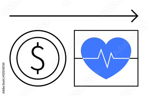 Dollar sign with forward arrow leading to heartbeat on blue heart. Ideal for finance, healthcare, economy, investment, insurance, budgeting, cost analysis. Flat simple metaphor