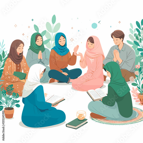 Group of Muslim friends reading and praying outdoors