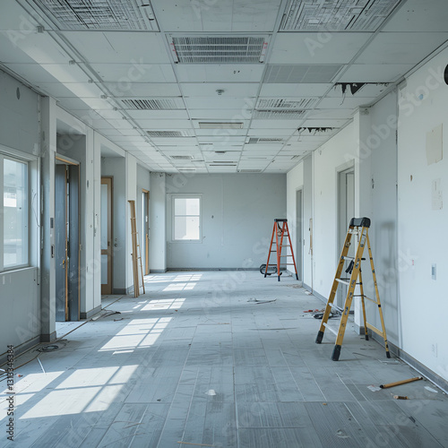 An empty corporate office during renovation, with the walls prepped for painting and renovation tools like ladders and scaffolding set up