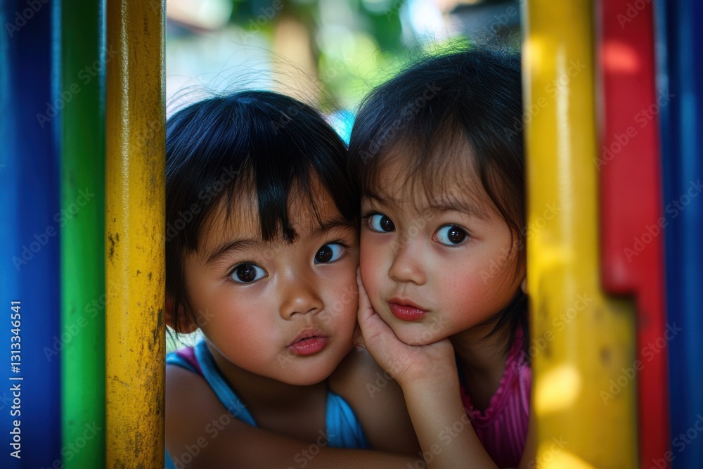 Two children sharing a secret in playground with dappled sunlight Two children sharing a secret in playground with dappled sunlight