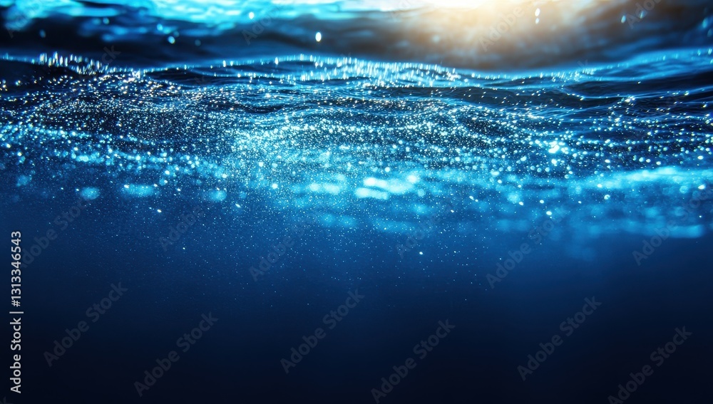 Blue Water Surface with Sunlight Reflection Creating Sparkling Effect in Deep Relaxing Ocean Environment for Nature and Underwater Enthusiasts Blue Water Surface with Sunlight Reflection Creating Sparkling Effect in Deep Relaxing Ocean Environment for Nature and Underwater Enthusiasts