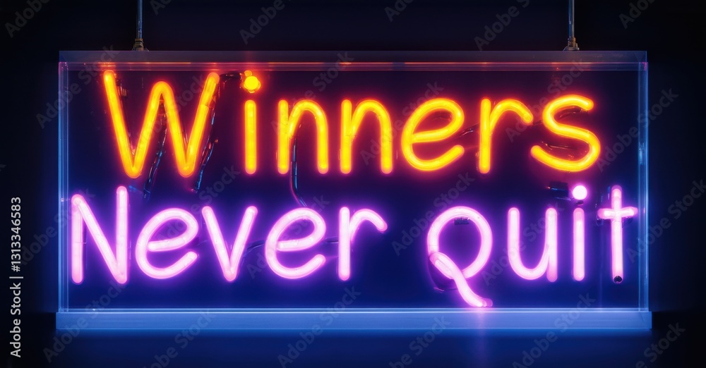 Neon sign winners never quit deep navy fiery indigo floating international business summit softly reflecting led screens Neon sign winners never quit deep navy fiery indigo floating international business summit softly reflecting led screens