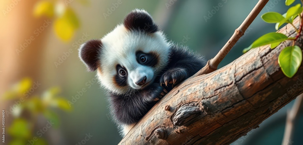 Fototapeta premium Adorable panda cub perched on tree branch, gazing directly at camera, endangered, wildlife photography