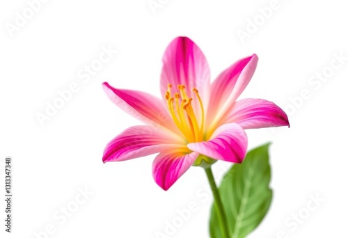 A single vibrant bloom, petals unfurled, set against a pure white backdrop, invitation, plant