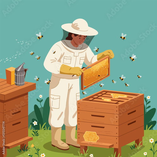 Beekeeper Inspecting Honeycomb with Bees Flying Around in Sunny Field