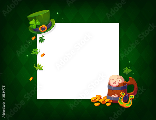 St Patrick day holiday banner template with shamrocks and leprechaun hat, vector frame. Saint Patrick day blank background for greeting card with frame of gold coins, horseshoe and ale beer tankard
