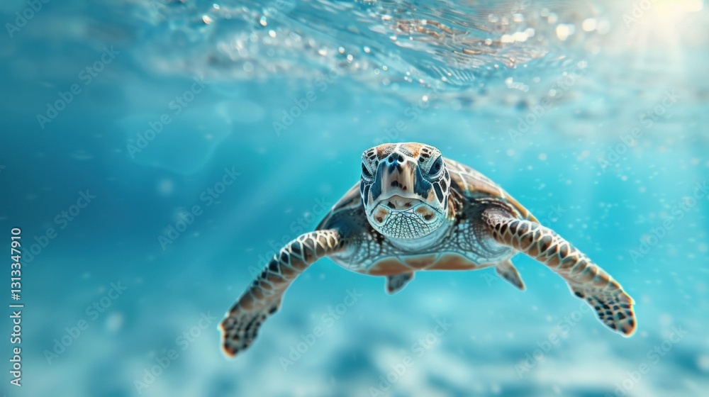 Obraz premium A serene underwater scene featuring a swimming sea turtle, illuminated by soft sunlight filtering through the water's surface.