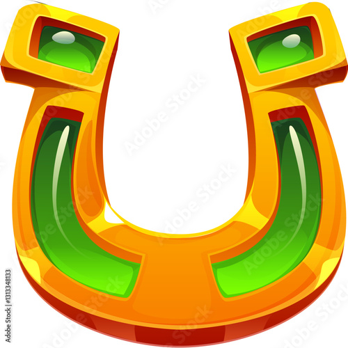 Cartoon golden horseshoe with green inlays. St. Patrick Day symbol of luck, protection, good fortune and prosperity in Irish folklore. Vector charm represents positivity, success in culture of Ireland