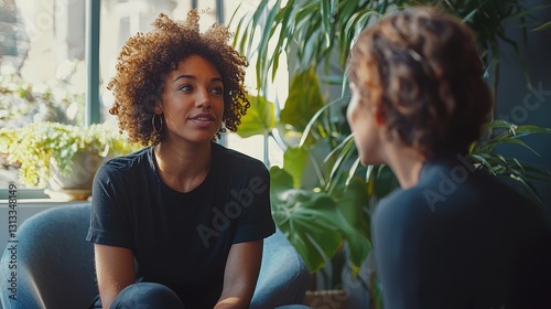 LGBTQ therapist attentively listening to a client in a minimalistic office with calming colors, natural light, and simple furnishings, fostering a safe, inclusive environment