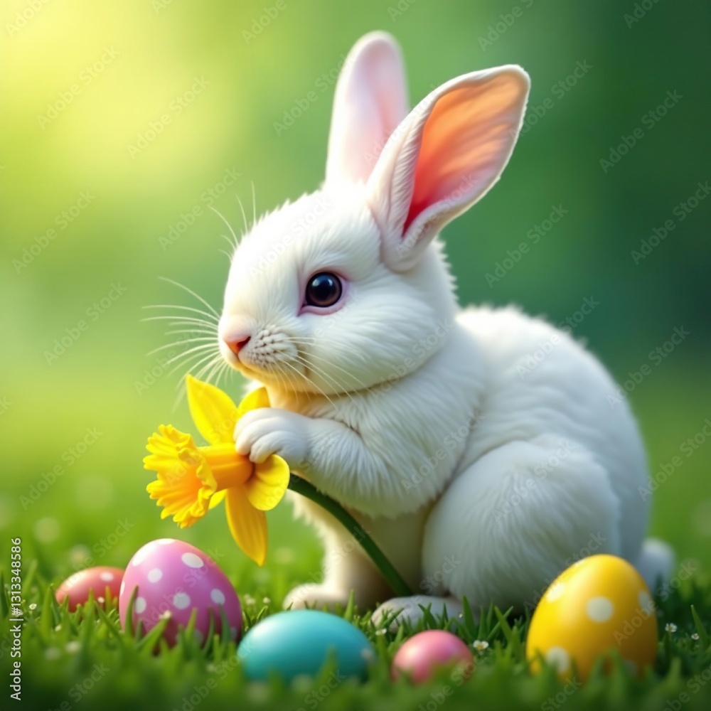 Fototapeta premium White bunny gently cradles daffodil, colorful eggs nearby , spring flowers, spring