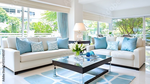 Luxurious Modern Living Room Interior Design with White Sofas Blue Pillows and Glass Coffee Table