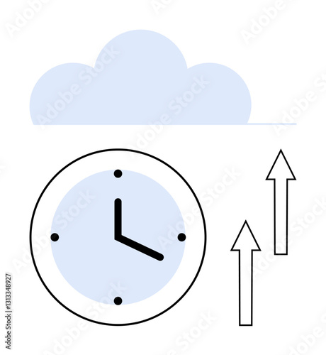 Minimalist clock design, pale blue cloud, and upward arrows symbolizing time, productivity, and growth. Ideal for deadline, efficiency, organization, innovation business strategy future flat