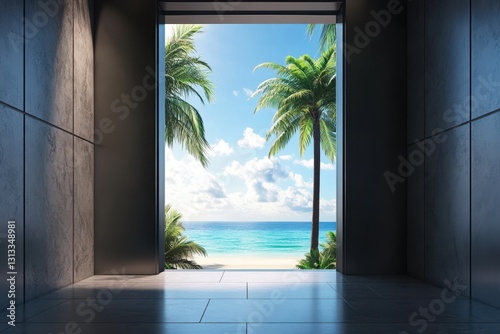 A vacation themed office elevator The doors open to a peaceful view of palm trees beach and ocean
