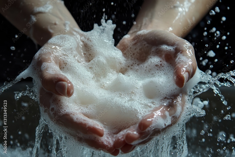 Fototapeta premium A woman s hands are washed in a foamy sink promoting hygiene and preventing germs including coronavirus