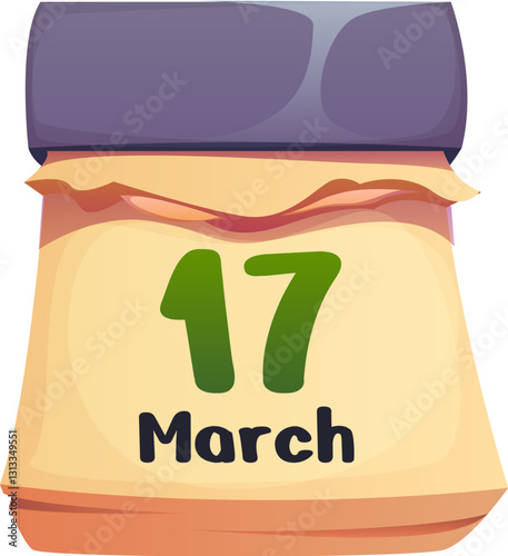 Cartoon festive calendar page displaying march 17, marking st Patrick day, the global celebration of Irish culture, heritage, and luck. Vector iconic date represents parades and the spirit of Ireland