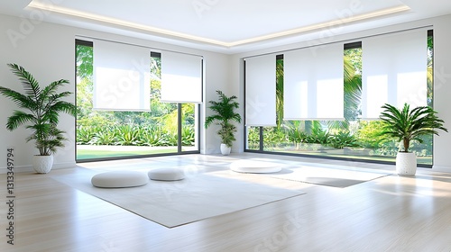 Serene Modern Room with White Roller Blinds Plants and Meditation Cushions