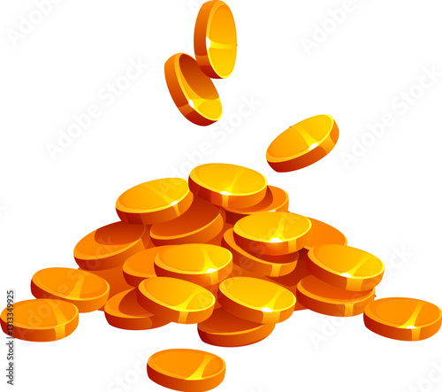 Pile of shiny gold coins with a few pieces falling mid air, symbolizing wealth, treasure, and prosperity. Cartoon vector leprechaun gold or pirate loot, symbol of fortune, luck, riches and success
