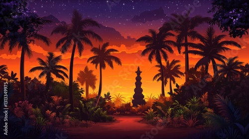 Pixelated Tropical Sunset View with Palm Trees Silhouette and Starry Night Sky Artistic Retro Gaming Style Background Wallpaper Illustration