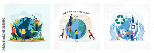 A group of people prepare for Earth Day. Environmental protection, renewable energy.