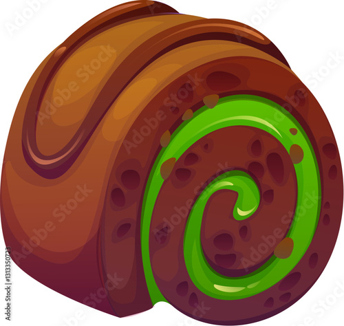 St Patrick day holiday chocolate roll with a swirl of green filling, festive cake, sweet candy cookie food. Cartoon vector rich, moist pastry treat features soft texture and delicious chocolate glaze