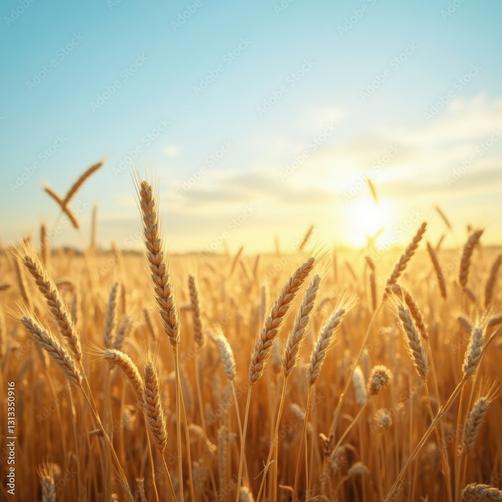 A vast golden wheat field swaying in the breeze under a clear blue sky, bathed in warm late afternoon sunlight, creating a serene countryside scene. A vast golden wheat field swaying in the breeze under a clear blue sky, bathed in warm late afternoon sunlight, creating a serene countryside scene.