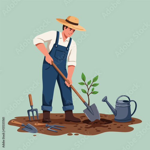 Farmer Planting Young Tree in Soil with Gardening Tools Nearby