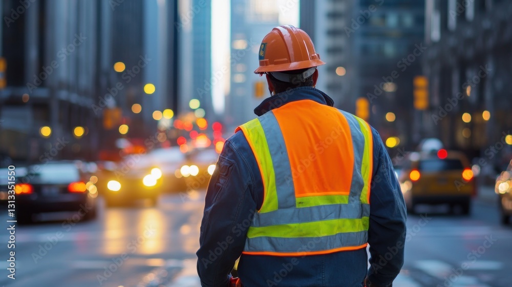 Fototapeta premium Construction Worker Overseeing Traffic Flow Amidst the Urban Cityscape Ambience