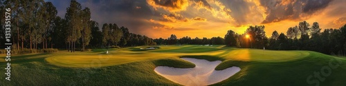 Serene view of a golf course sand trap illuminated by evening light. 