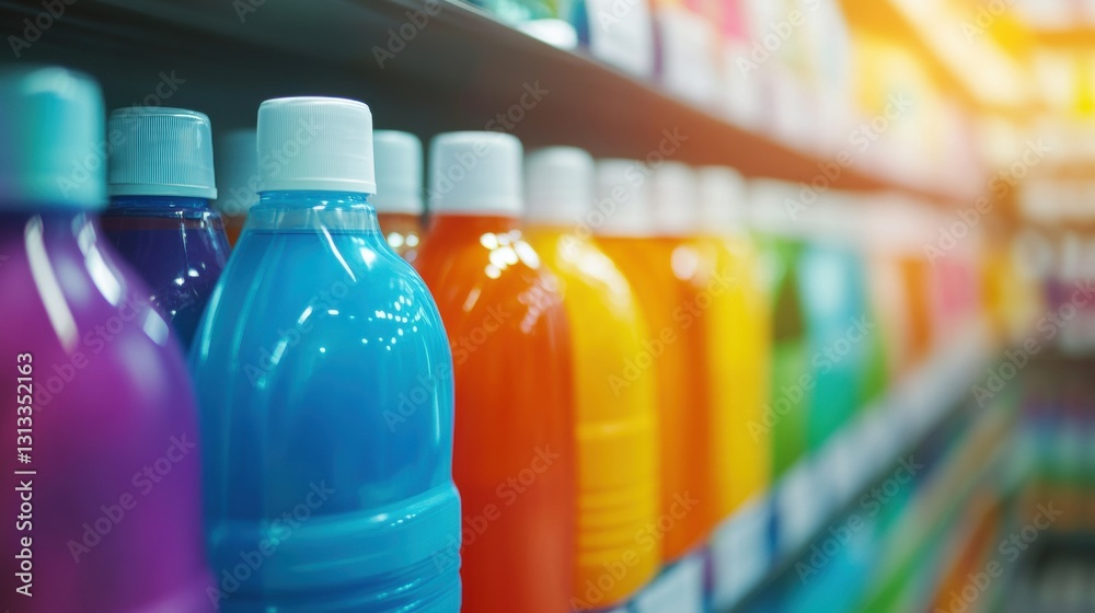 Brightly colored beverage bottles line the shelves in a supermarket, inviting customers to explore a variety of drink options Brightly colored beverage bottles line the shelves in a supermarket, inviting customers to explore a variety of drink options