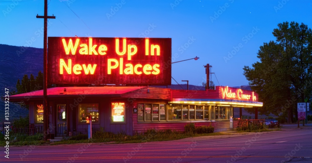 Naklejka premium Rustic neon lit billboard wake new places glowing red warm yellow mounted near roadside diner along scenic highway