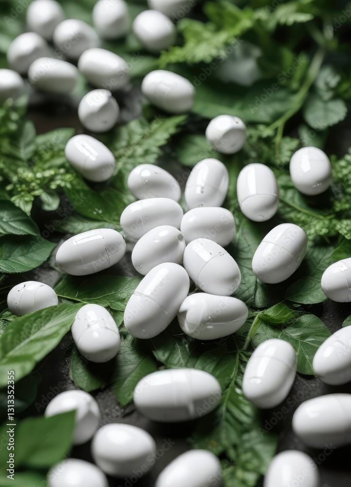 Macro shot of white and green capsules surrounded by aromatic leaves, biodegradable, macro