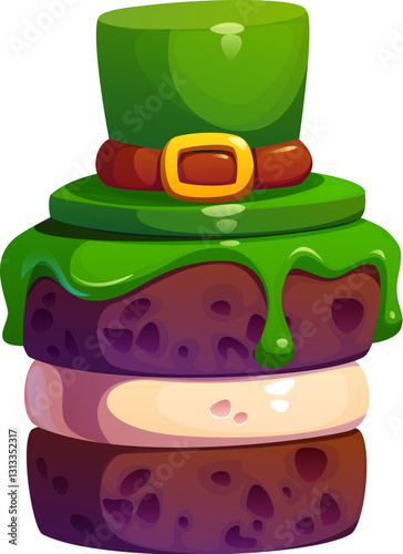 St Patrick day holiday chocolate pastry featuring layers of rich cake, creamy filling and dripping green icing topped with a whimsical leprechaun hat made of fondant. Cartoon vector sweet festive food
