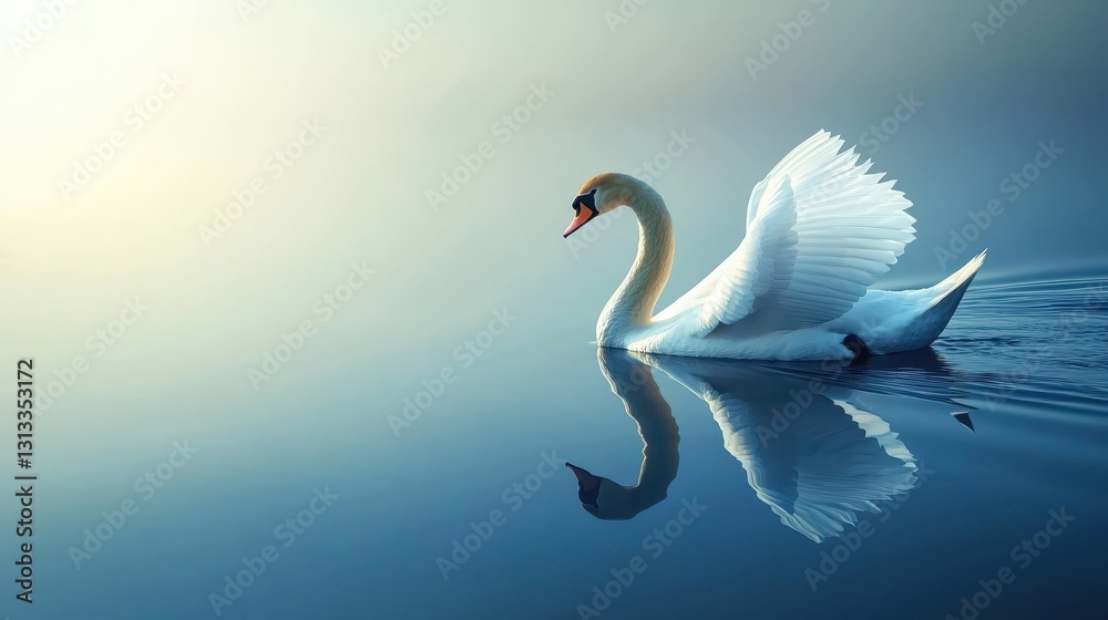 Fototapeta premium Serene White Swan Gliding Across Calm Water at Dawn Light