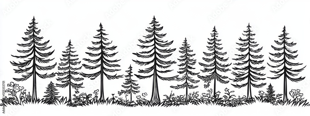 Obraz premium A continuous line drawing of the pine fir trees in a forest