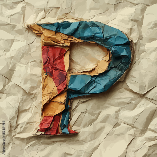 Colorful Recycled Crumpled Paper Letter P on Beige Textured Background