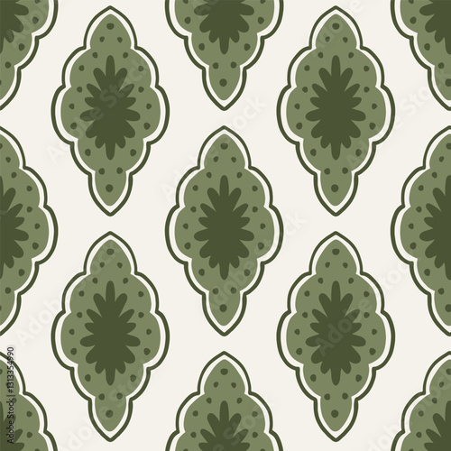Hand drawn scalloped diamond motifs forming a beautiful pattern in a color palette of forest green and sage green on an off white background. Seamless vector pattern. Great for home decor, fabric, etc