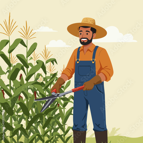 Farmer Trimming Corn Plants in Field on a Sunny Day