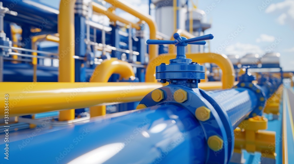 Naklejka premium 3D-rendered visualization of an advanced industrial pipeline and valve network, engineering simulation, mechanical fitting