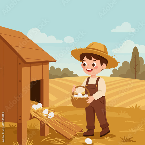 Collecting Eggs From Coop Young Farmer at Work on Farm