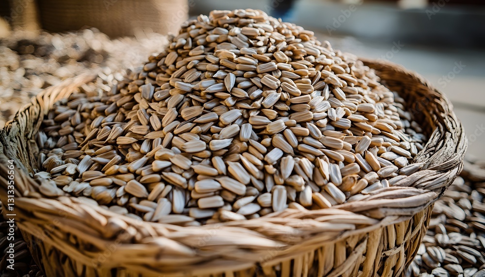 Obraz premium A wicker basket overflows with sunflower seeds