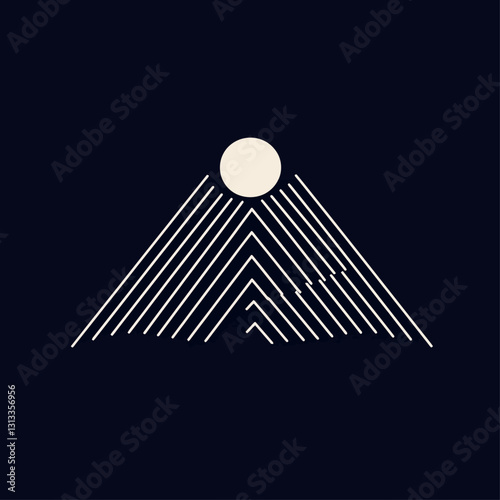 Abstract mountain peak with sun rays on a dark blue color background
