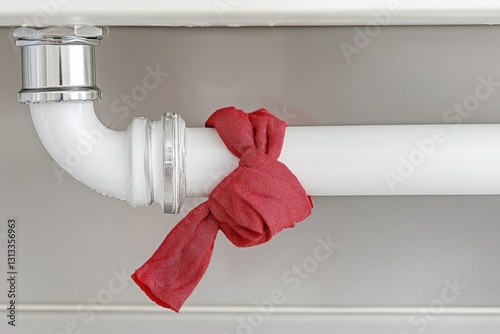 Close up of red napkin secured beneath leaking white sink pipe